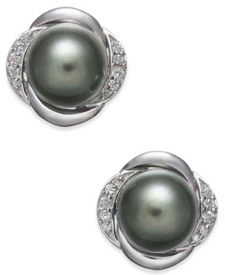 Macy's - Cultured Tahitian Pearl (8mm) & Diamond (1/8 ct. t.w.) Stud Earrings in 14k White Gold