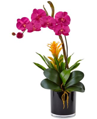 Nearly Natural - Orchid & Bromeliad Artificial Arrangement in Glossy Black Cylinder Vase