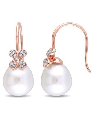 Macy's - South Sea Cultured Pearl (11.5-12mm) and Diamond (1/8 ct. t.w.) Diamond Petal Earrings in 14k Rose Gold