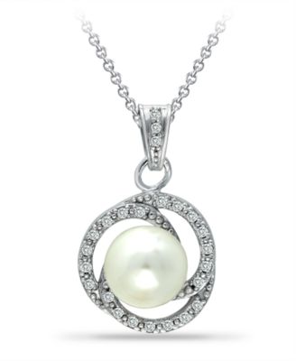 Macy's - Imitation Pearl with Cubic Zirconia Crystal Swirl Halo Pendant in Fine Silver Plate 18"