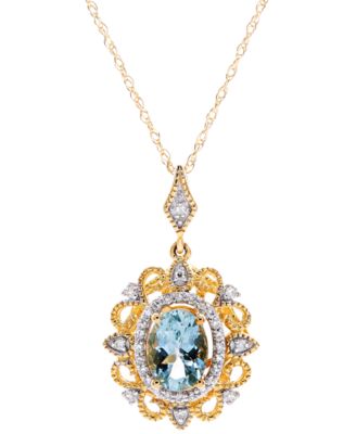 Macy's - Aquamarine (3/4 ct. t.w.) & Diamond (1/10 ct. t.w.) Oval 18" Pendant Necklace in 14k Gold-Plated Sterling Silver