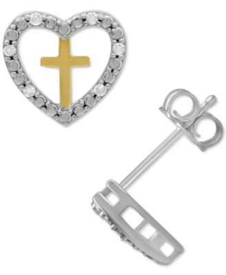 Macy's - Diamond Heart & Cross Stud Earrings (1/10 ct. t.w.) in Sterling Silver & 14k Gold-Plate
