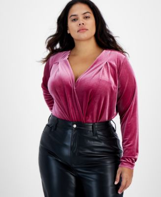 And Now This - Trendy Plus Size Velvet Surplice Bodysuit