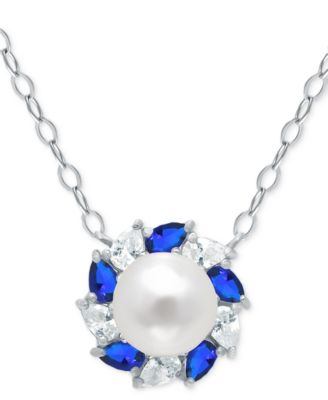 Giani Bernini - Freshwater Pearl (6mm), Lab-Created Blue Sapphire (1/6 ct. t.w.), & Cubic Zirconia Halo Pendant Necklace in Sterling Silver, 16" + 2" extender