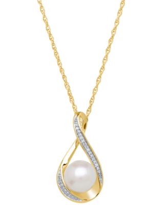 Honora - Cultured Freshwater Pearl (9mm) and Diamond Accent Pendant 18" Necklace in 14k Gold