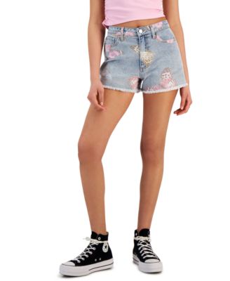 Tinseltown - Juniors' High Rise Frayed-Hem Denim Mom Shorts