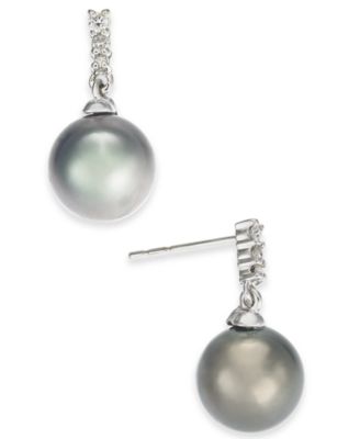 Macy's - Cultured Tahitian Pearl (8mm) & Diamond (1/10 ct. t.w.) Drop Earrings in 14k White Gold