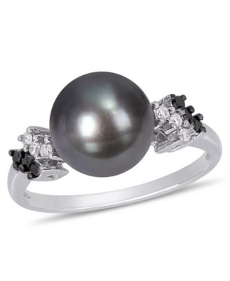 Macy's - Tahitian Cultured Pearl (9-9.5mm) and Black White Diamond (1/8 ct. t.w.) Ring in 10k White Gold