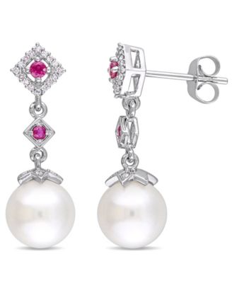 Macy's - Freshwater Cultured Pearl (8.5-9mm), Ruby (1/7 ct. t.w.) and Diamond (1/10 ct. t.w.) Drop Earrings in 10k White Gold