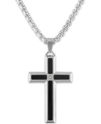 Macy's - Men's Diamond Accent Black Enamel Cross 24" Pendant in Stainless Steel