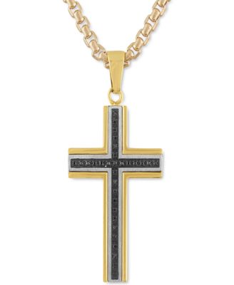 Macy's - Men's Black Diamond Cross 22" Pendant Necklace (1/6 ct. t.w.) in Stainless Steel, Black & Yellow Ion-Plate
