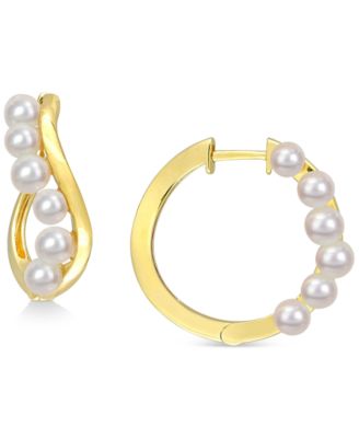 Macy's - Cultured Freshwater Pearl (3-1/2 - 4mm) Twisty Small Hoop Earrings in Gold-Tone Plated Sterling Silver