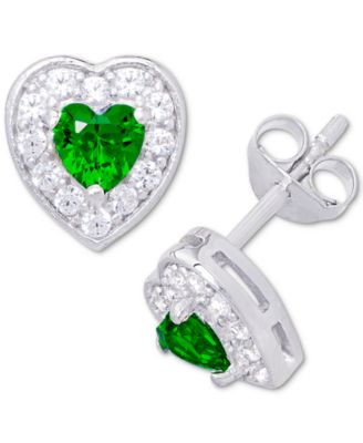Macy's - Green Quartz (3/8 ct. t.w.) & Lab-Created White Sapphire (1/3 ct. t.w.) Halo Heart Stud Earrings in Sterling Silver