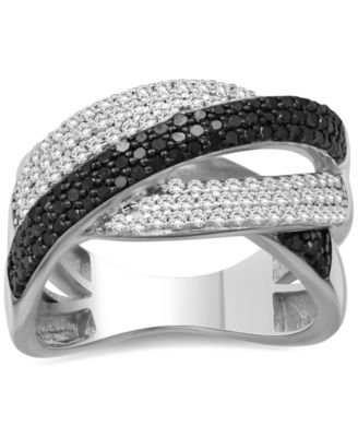 Macy's - Black Diamond (1/2 ct. t.w.) & White Diamond (1/2 ct. t.w.) Crossover Statement Ring in Sterling Silver