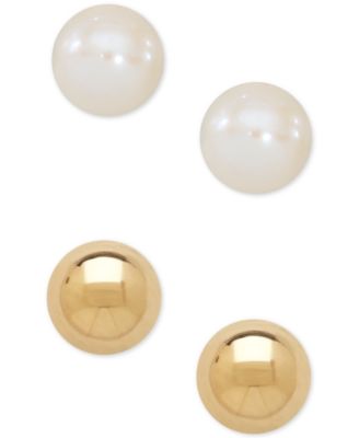 Macy's - 2-Pc Set Cultured Freshwater Pearl (3-3/4mm) and Gold Ball Earring Set in 14k Gold