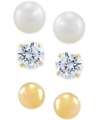 Macy's - 3-Pc. Set Cutured Freshwater Pearl (5mm), Cubic Zirconia & Polished Round Stud Earrings in 10k Gold