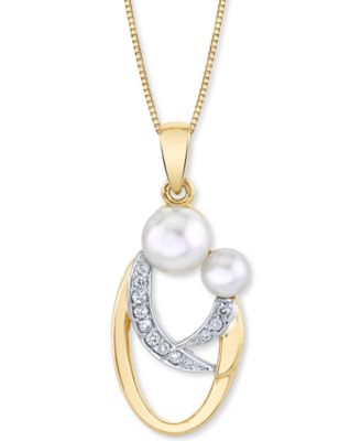 Macy's - Cultured Freshwater Pearl (4 & 6mm) & Diamond (1/20 ct. t.w.) Mother and Child 18" Pendant Necklace in 14k Gold