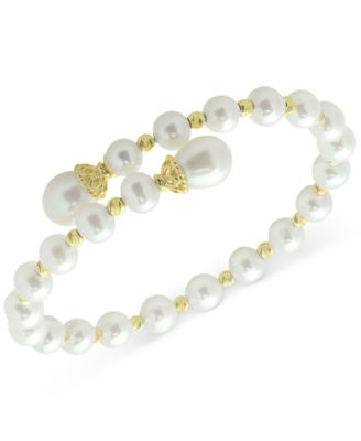 Macy's - Cultured Freshwater Pearl (6 - 6-1/2mm & 8 - 9mm) Bypass Bangle Bracelet in 14k Gold-Plated Sterling Silver