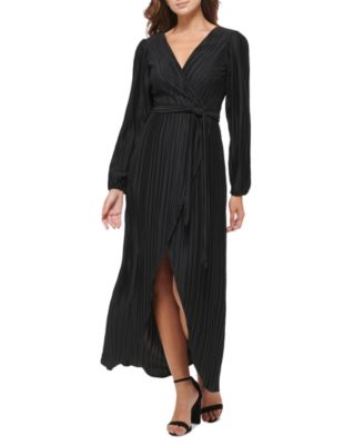GUESS - Women's Pleated Woven Faux-Wrap V-Neck Maxi Dress