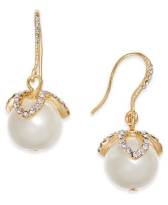 Charter Club - Gold-Tone Imitation Pearl & Pav&eacute; Drop Earrings