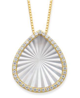 Macy's - Mother of Pearl 15x13mm and Cubic Zirconia Pear Shaped Pendant with 18" Chain in Gold over Silver