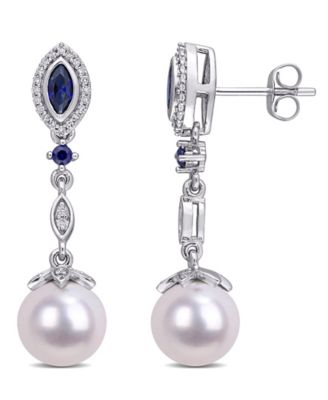 Macy's - Freshwater Cultured Pearl (8.5-9mm), Created Sapphire (1/3 ct. t.w.) and Diamond (1/5 ct. t.w.) Drop Earrings in 10k White Gold