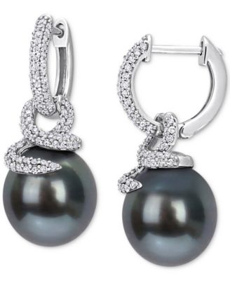 Macy's - Cultured Tahitian Pearl (10-11mm) & Diamond (1/2 ct. t.w.) Coiled Huggie Hoop Earrings in 14k White Gold