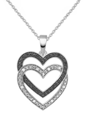 Macy's - Black Diamond (1/10 ct. t.w.) & White Diamond (1/10 ct. t.w.) Double Heart 18" Pendant Necklace in Sterling Silver