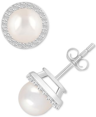 Macy's - Cultured Freshwater Pearl (6mm) & Lab-Created White Sapphire (1/5 ct. t.w.) Halo Stud Earrings in 10k White Gold