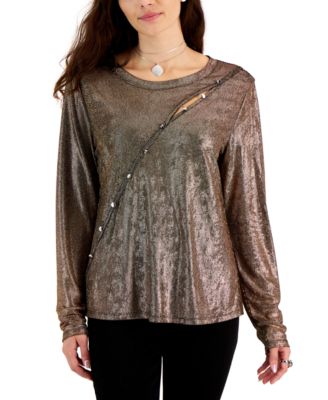 Fever - Women's Asymmetrical-Button-Trim Long-Sleeve Top