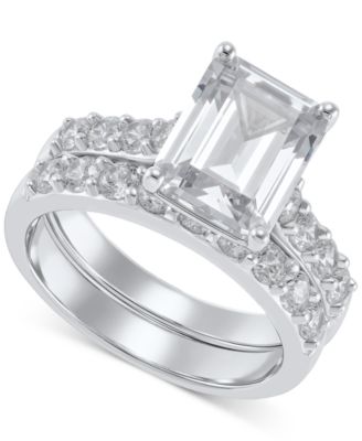 Macy's - 2-Pc. Set Cubic Zirconia Emerald-Cut Ring & Matching Band in Sterling Silver