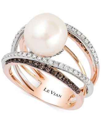 Le Vian - Fresh Water Pearl (10mm) and Diamond (3/4 ct.t.w.) Ring in 14k White, Yellow and Rose Gold