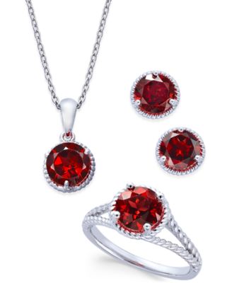 Macy's - Rhodolite Garnet Rope-Style Pendant Necklace, Stud Earrings and Ring Set (5 ct. t.w.) in Sterling Silver