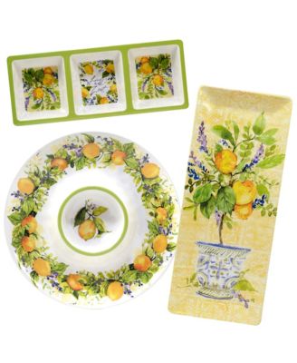 Certified International - Certified Lemon Zest 3pc Melamine Hostess Set: Chip Dip, 3-Section Relish Tray, Rectangular Platter
