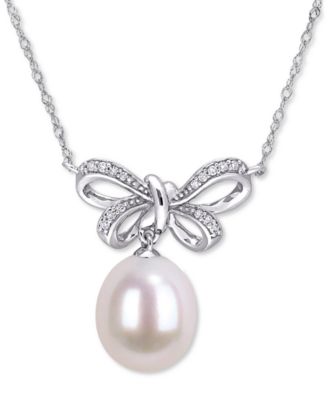 Macy's - Black Cultured Tahitian Pearl (9-1/2-10mm) & Diamond (1/10 ct. t.w.) Bow 17" Pendant Necklace in 10k White Gold (Also in Pink Cultured Freshwater Pearl & White South Sea Cultured Pearl)