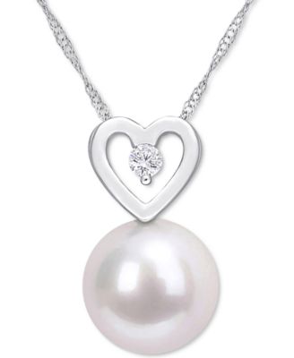 Macy's - Cultured South Sea Pearl (9-1/2mm) & Diamond (1/20 ct. t.w.) Heart 17" Pendant Necklace in 10k White Gold