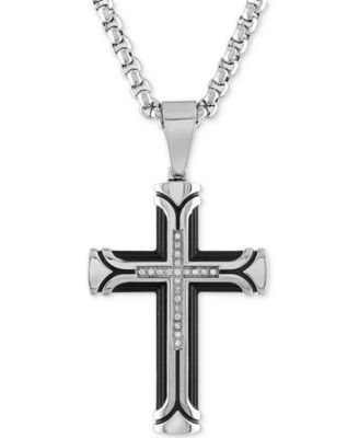 Esquire Men's Jewelry - Diamond Cross 22" Pendant Necklace (1/10 ct. t.w.) in Ion-Plated Stainless Steel