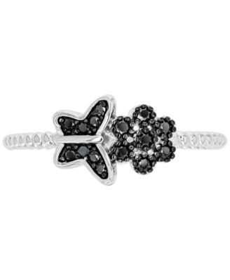 Macy's - Black Spinel Butterfly & Flower Ring (1/5 ct. t.w.) in Sterling Silver & Black Rhodium-Plate