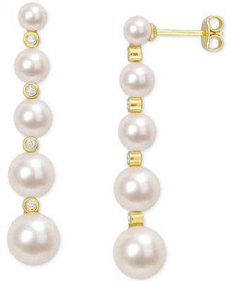 Macy's - Cultured Freshwater Pearl (4 - 8-1/2mm) & White Topaz (1/4 ct. t.w.) Graduated Drop Earrings in Yellow Rhodium-Plated Sterling Silver