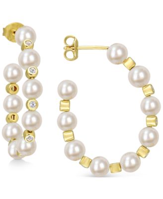 Macy's - Cultured Freshwater Pearl (4-1/2 - 5mm) & White Topaz (1/2 ct. t.w.) Hoop Earrings in Gold-Tone Plated Sterling Silver