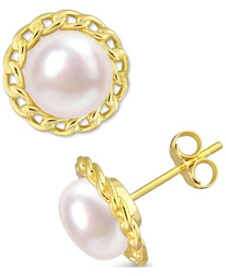 Macy's - Cultured Freshwater Pearl (8mm) Link Frame Stud Earrings in Gold-Tone Plated Sterling Silver