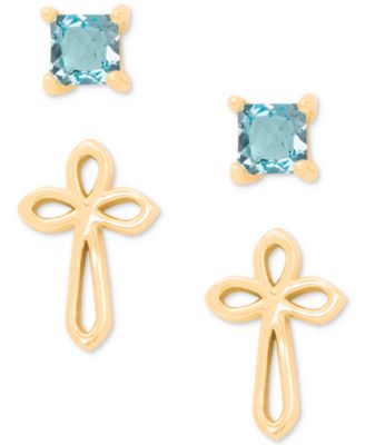 Macy's - 2-Pc. Set Blue Topaz Solitaire (3/8 ct. t.w.) & Cross Stud Earrings in 14k Gold-Plated Sterling Silver
