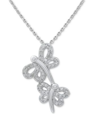 Macy's - Diamond Dragonfly 18" Pendant Necklace (1/10 ct. t.w.) in Sterling Silver