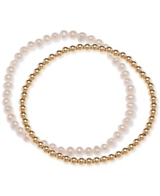 Macy's - 2-Pc. Set Cultured Freshwater Pearl (4-1/2 - 5mm) & Polished Bead Stretch Bracelets in 18k Gold-Plated Sterling Silver