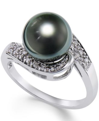 Macy's - Cultured Tahitian Black Pearl (9mm) and Diamond (1/10ct. t.w.) Swirl Ring in 14k White Gold