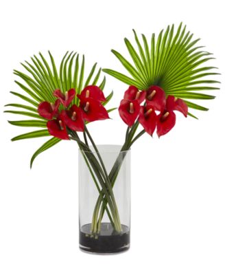 Nearly Natural - Calla Lily and Fan Palm Artificial Arrangement in Cylinder Glass Vase